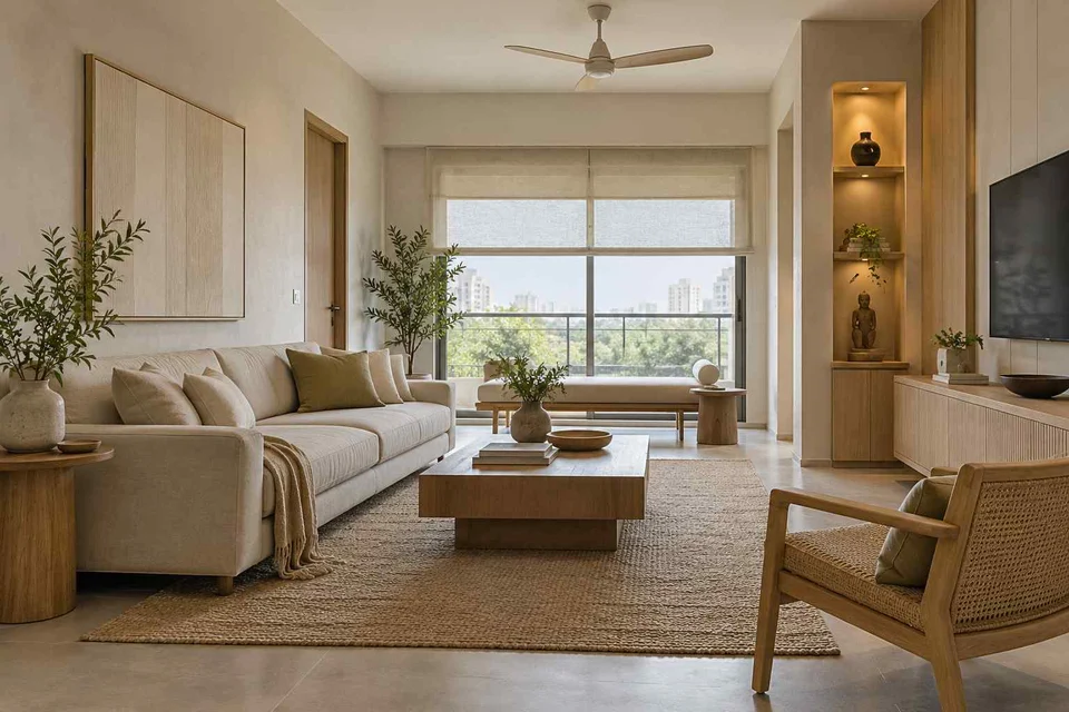 AI-generated living room design concept: craft display living, ash and linen direction