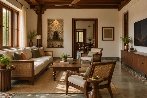 AI-generated living room design concept: craft display living, chettinad tile direction