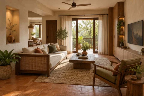 AI-generated living room design concept: craft display living, clay artisan direction