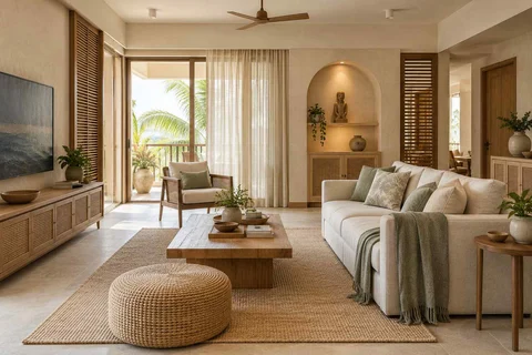 AI-generated living room design concept: craft display living, coastal woven direction