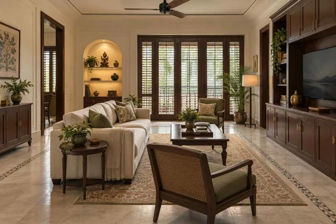AI-generated living room design concept: craft display living, colonial quiet direction