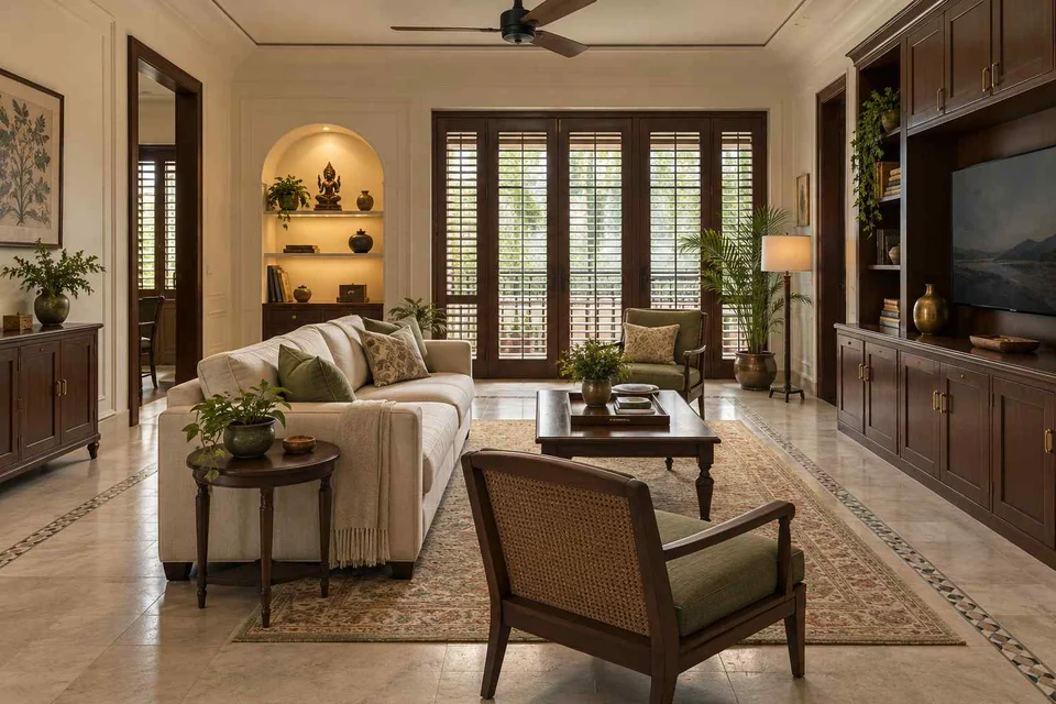 AI-generated living room design concept: craft display living, colonial quiet direction