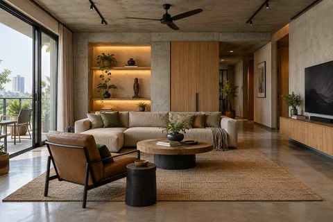 AI-generated living room design concept: craft display living, concrete and oak direction