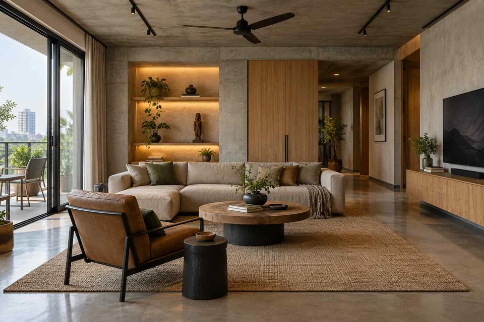 AI-generated living room design concept: craft display living, concrete and oak direction