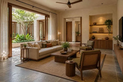 AI-generated living room design concept: craft display living, courtyard modern direction
