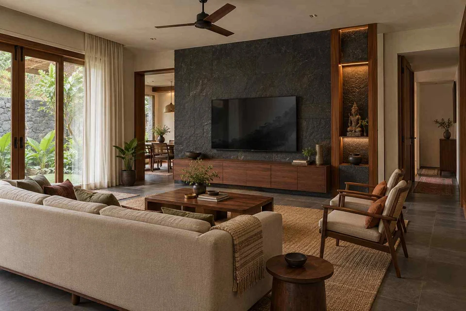 AI-generated living room design concept: craft display living, deccan stone direction
