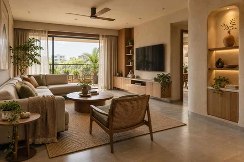 AI-generated living room design concept: craft display living, earth and bamboo direction