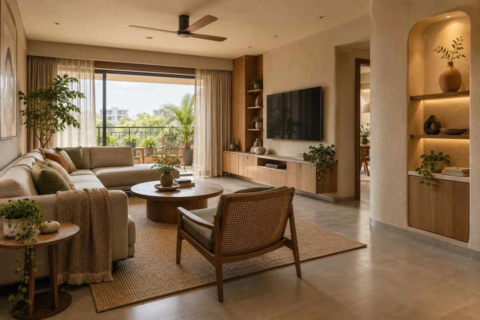 AI-generated living room design concept: craft display living, earth and bamboo direction