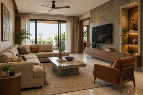 AI-generated living room design concept: craft display living, granite precision direction