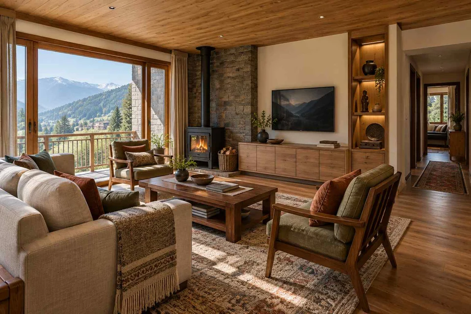 AI-generated living room design concept: craft display living, hill timber direction