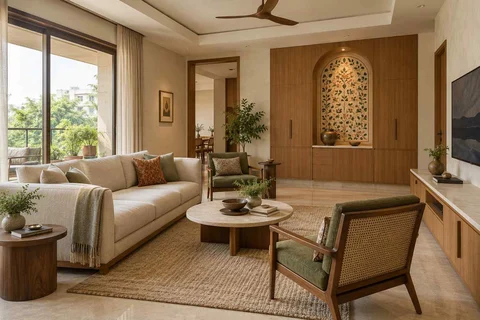 AI-generated living room design concept: craft display living, inlay atelier direction