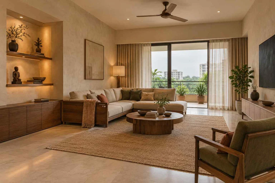 AI-generated living room design concept: craft display living, lime and walnut direction