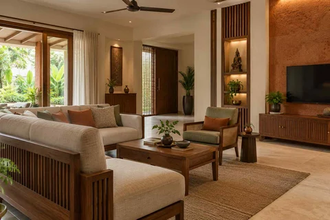 AI-generated living room design concept: craft display living, malabar timber direction