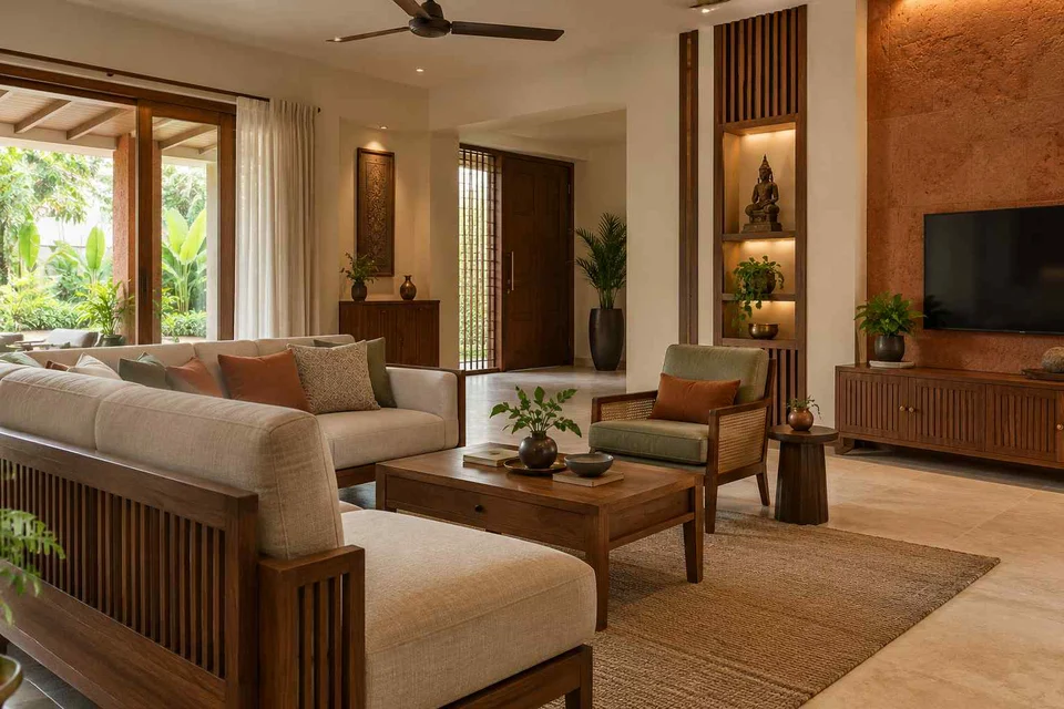 AI-generated living room design concept: craft display living, malabar timber direction