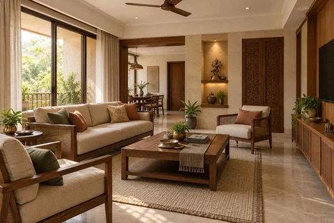 AI-generated living room design concept: craft display living, modern carved direction