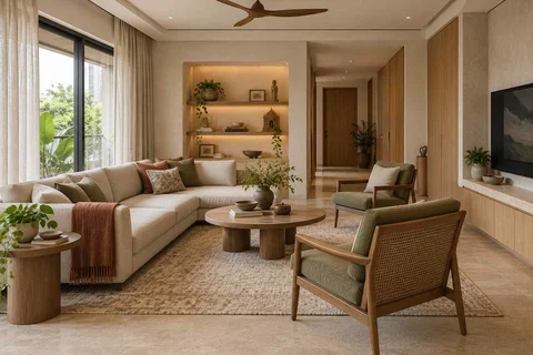 AI-generated living room design concept: craft display living, quiet contemporary direction