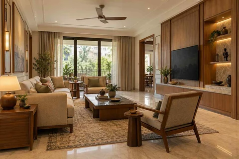 AI-generated living room design concept: craft display living, quiet transitional direction