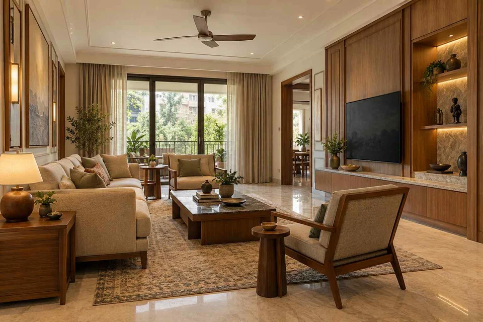 AI-generated living room design concept: craft display living, quiet transitional direction