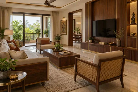 AI-generated living room design concept: craft display living, rosewood brass direction