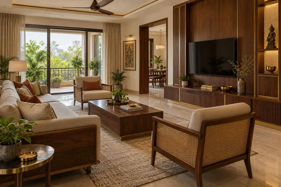 AI-generated living room design concept: craft display living, rosewood brass direction