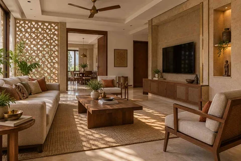 AI-generated living room design concept: craft display living, sandstone lattice direction