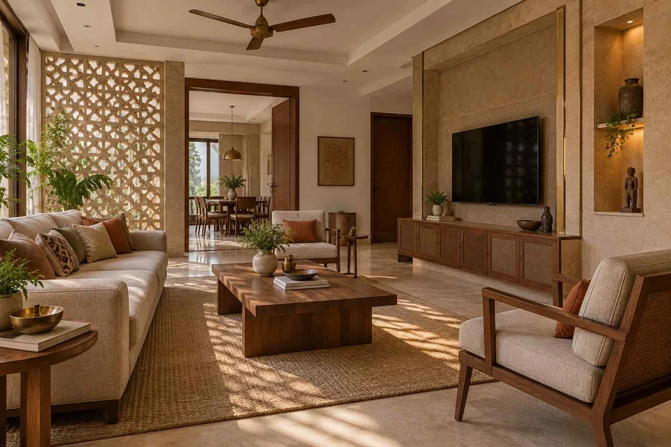 AI-generated living room design concept: craft display living, sandstone lattice direction