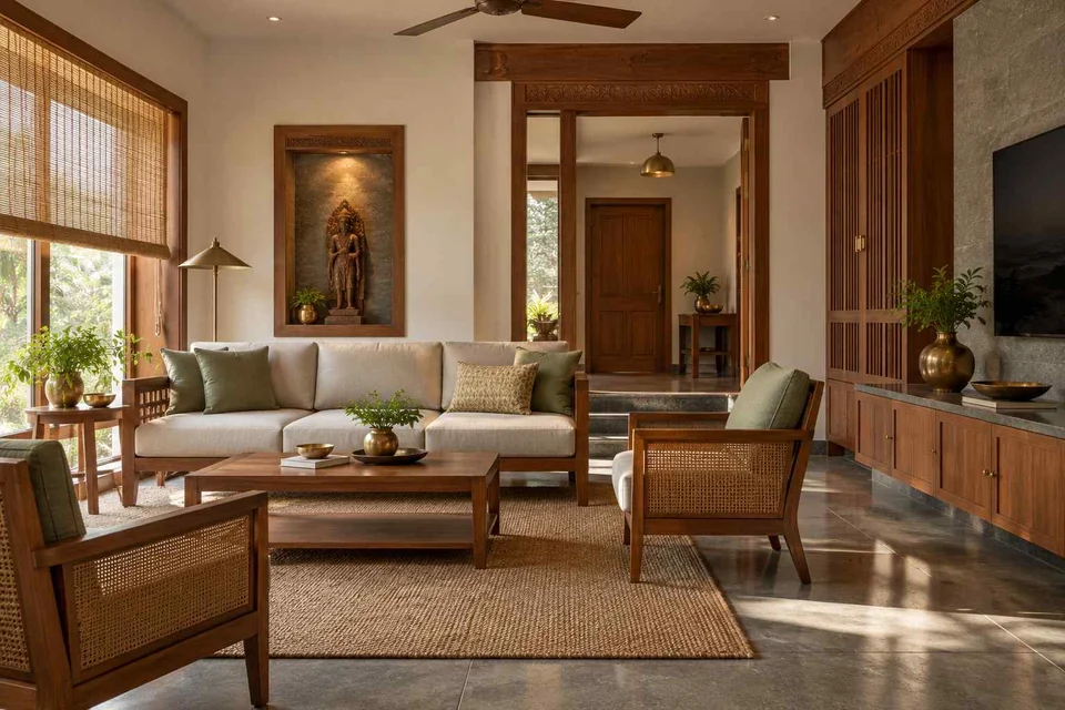AI-generated living room design concept: craft display living, teak craft direction