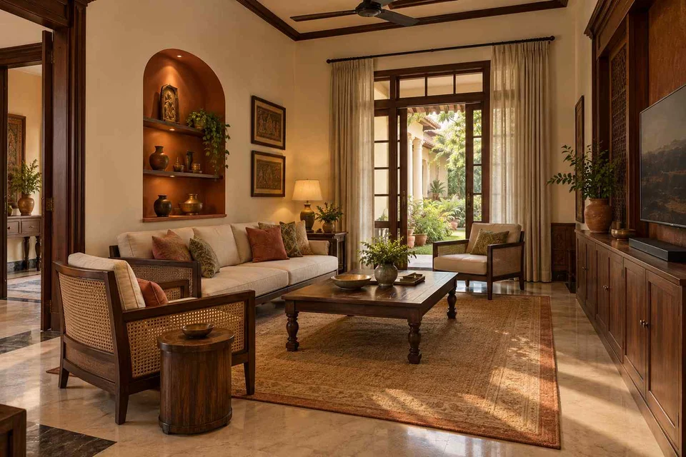 AI-generated living room design concept: craft display living, terracotta heritage direction