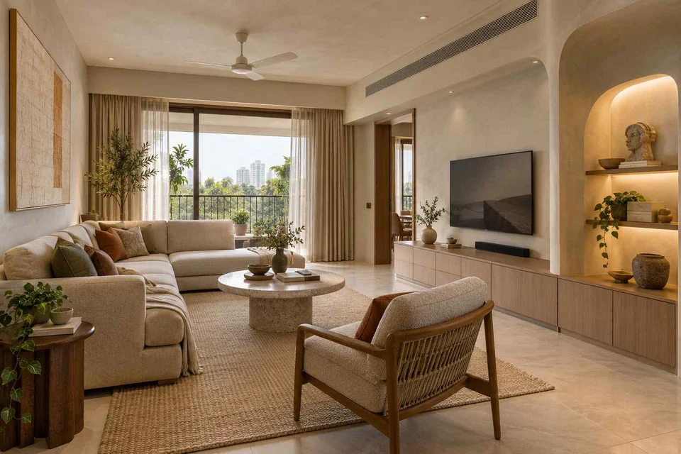 AI-generated living room design concept: craft display living, textured mineral direction