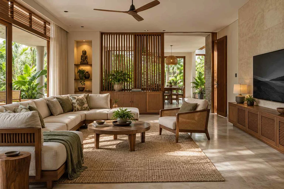 AI-generated living room design concept: craft display living, tropical slatted direction