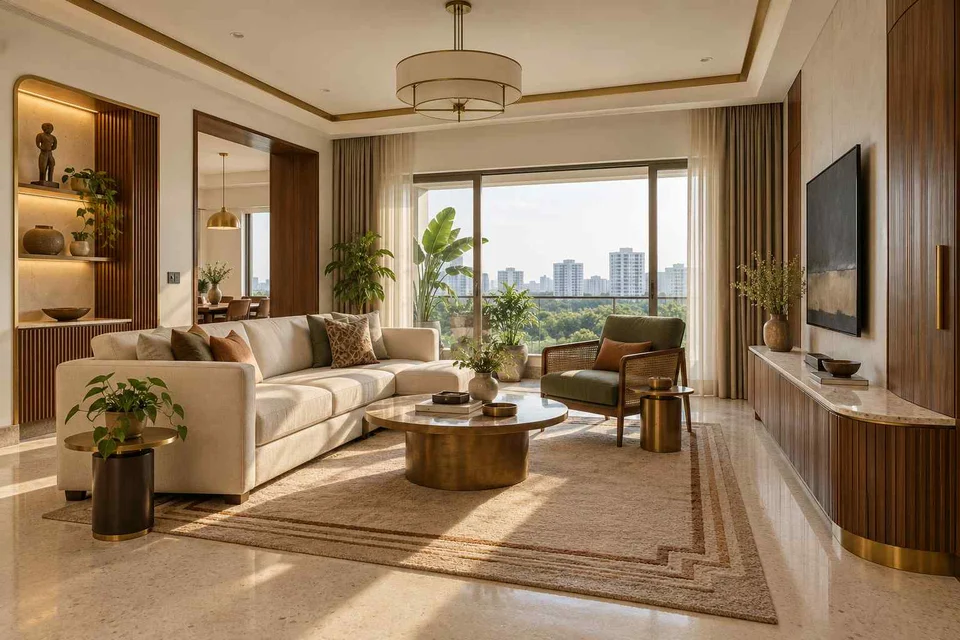AI-generated living room design concept: craft display living, urban deco direction