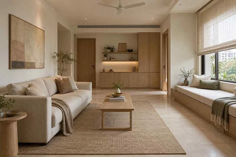 AI-generated living room design concept: daybed and sofa room, ash and linen direction