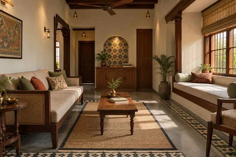 AI-generated living room design concept: daybed and sofa room, chettinad tile direction