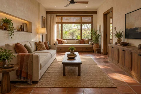 AI-generated living room design concept: daybed and sofa room, clay artisan direction