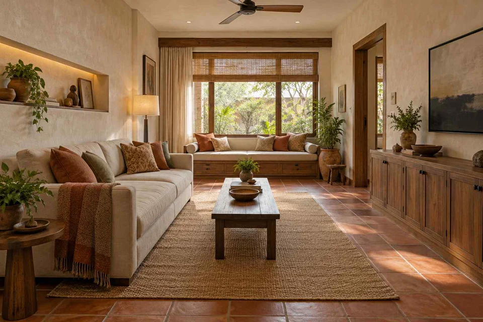 AI-generated living room design concept: daybed and sofa room, clay artisan direction