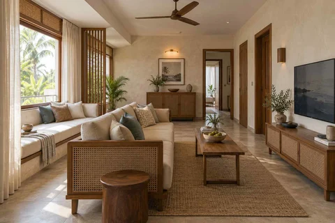 AI-generated living room design concept: daybed and sofa room, coastal woven direction