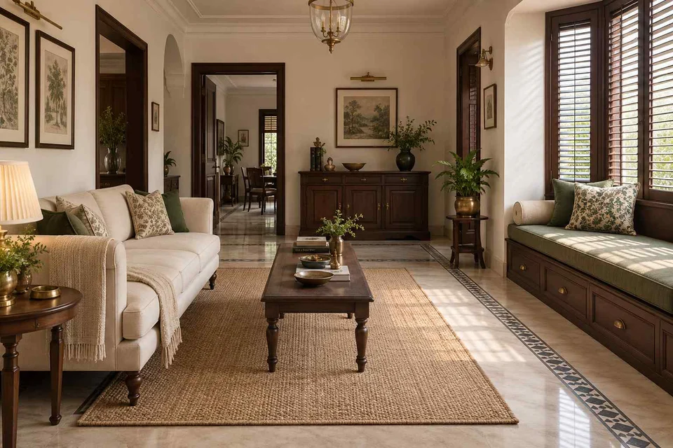 AI-generated living room design concept: daybed and sofa room, colonial quiet direction
