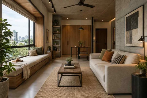 AI-generated living room design concept: daybed and sofa room, concrete and oak direction
