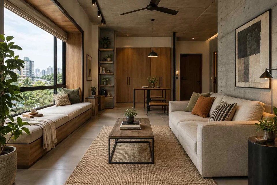 AI-generated living room design concept: daybed and sofa room, concrete and oak direction