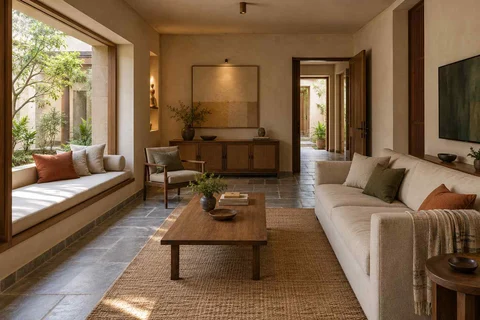 AI-generated living room design concept: daybed and sofa room, courtyard modern direction