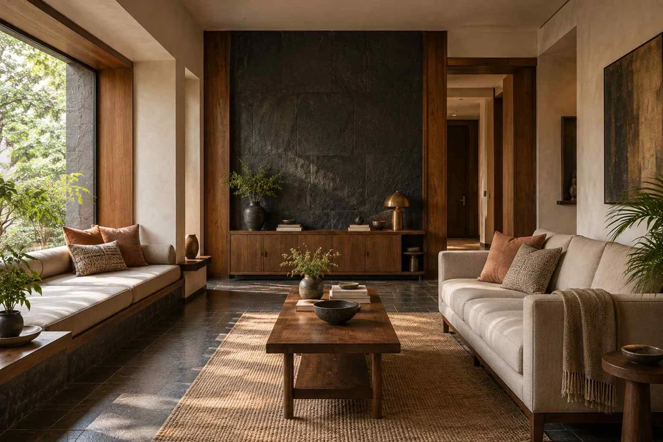 AI-generated living room design concept: daybed and sofa room, deccan stone direction