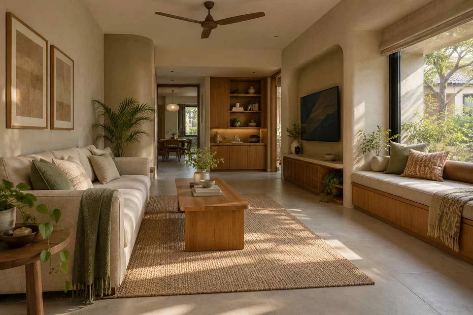 AI-generated living room design concept: daybed and sofa room, earth and bamboo direction