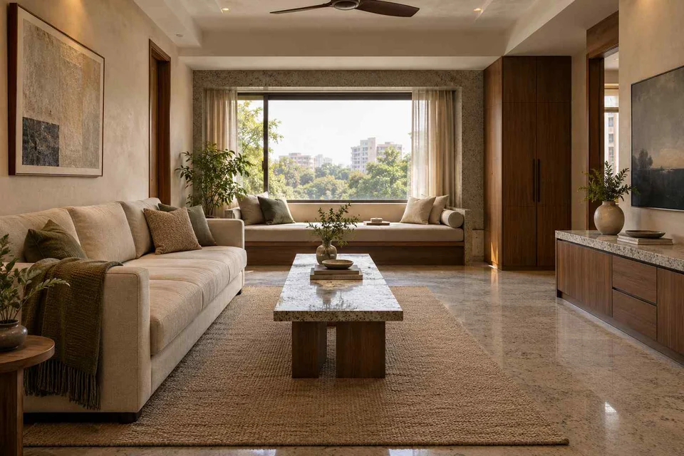 AI-generated living room design concept: daybed and sofa room, granite precision direction