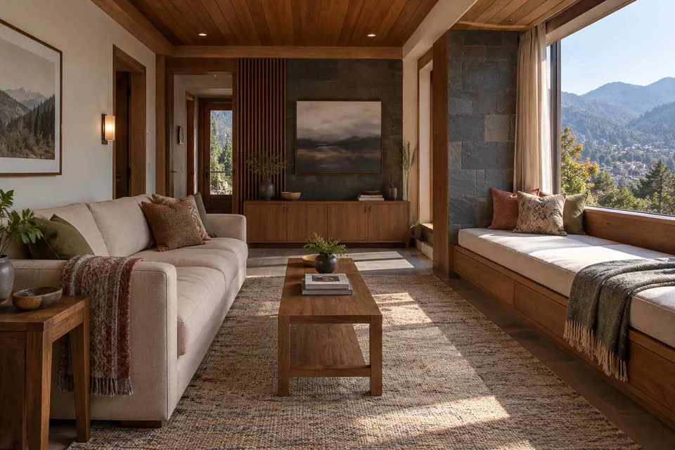 AI-generated living room design concept: daybed and sofa room, hill timber direction