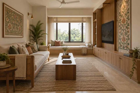 AI-generated living room design concept: daybed and sofa room, inlay atelier direction