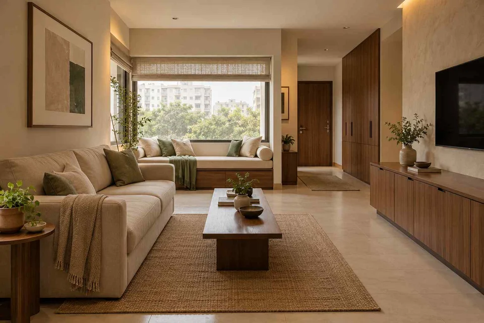 AI-generated living room design concept: daybed and sofa room, lime and walnut direction