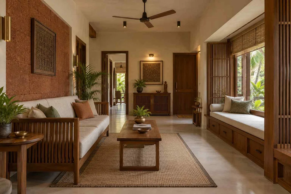 AI-generated living room design concept: daybed and sofa room, malabar timber direction