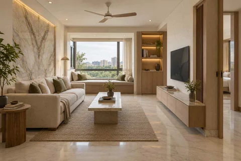 AI-generated living room design concept: daybed and sofa room, marble restraint direction