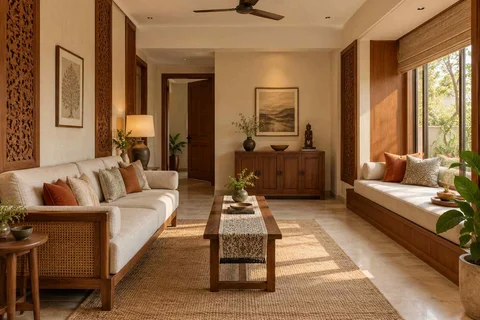 AI-generated living room design concept: daybed and sofa room, modern carved direction