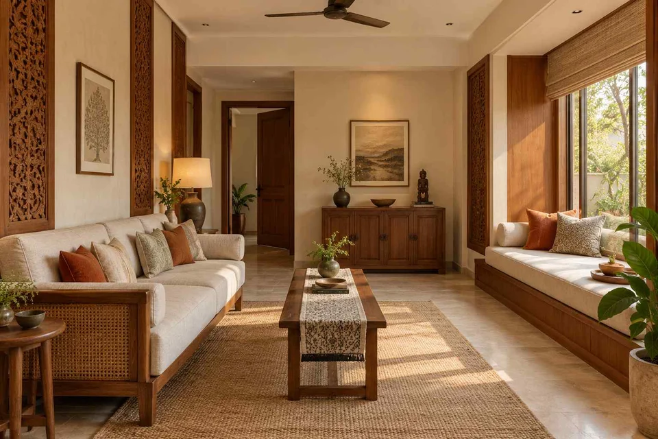 AI-generated living room design concept: daybed and sofa room, modern carved direction